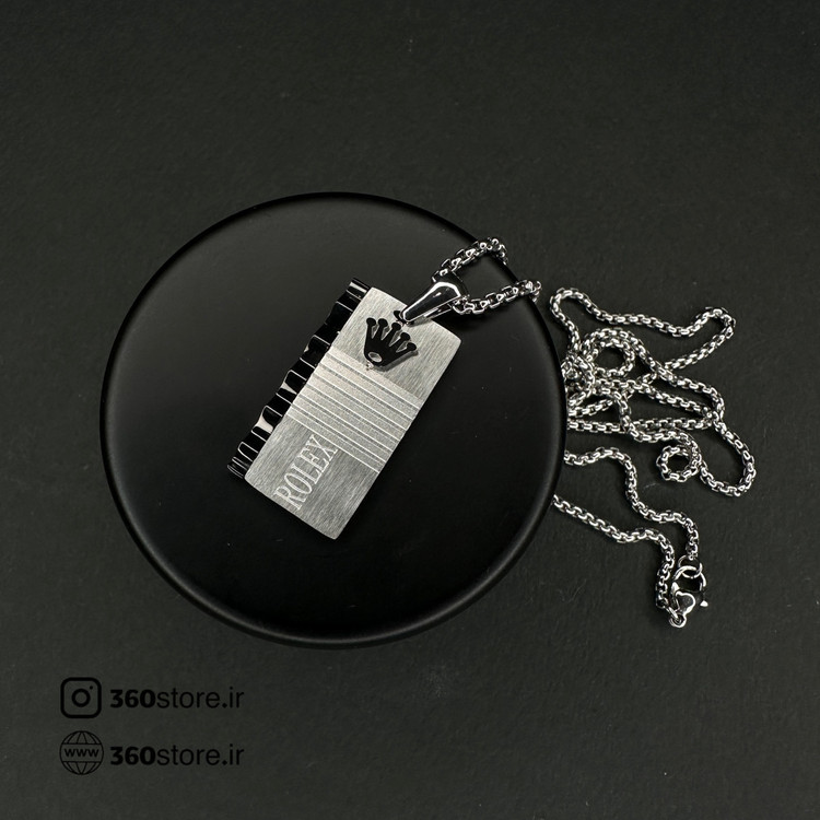 گردنبند طرح رولکس مشکی نقره ای با قاب مستطیل و زنجیر استیل ضد زنگ